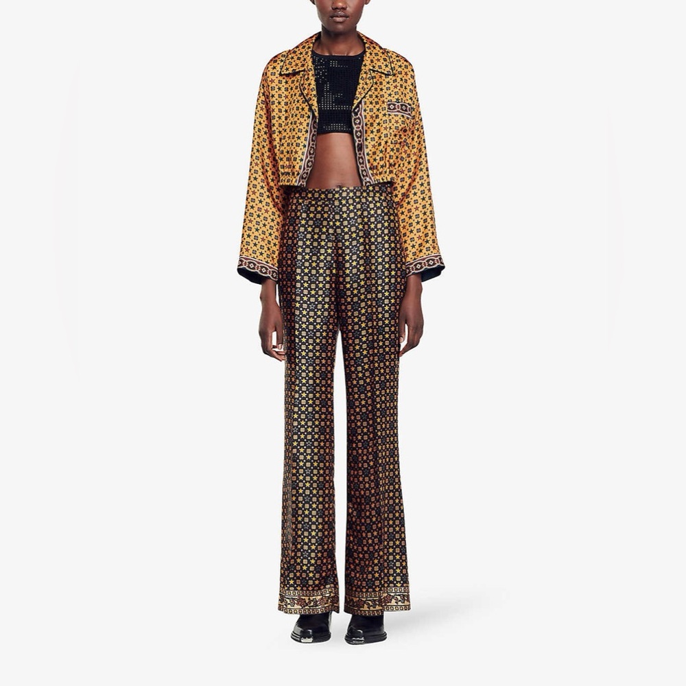 Sandro Shanny Noir Black and Yellow Printed Wide Leg Geometric Pants, Small NWT